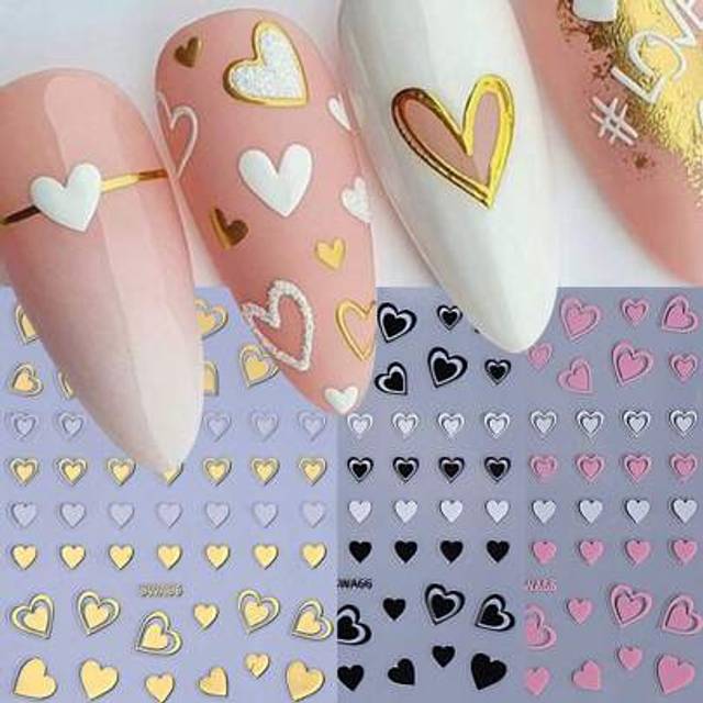 SHEIN 3 PCS 3D Nail Stickers Romantic Simple Heart Nail Art Decals Mixed Color Gold Black Pink White Sparkles Glitter Design DIY Manicure Decoration For Hom