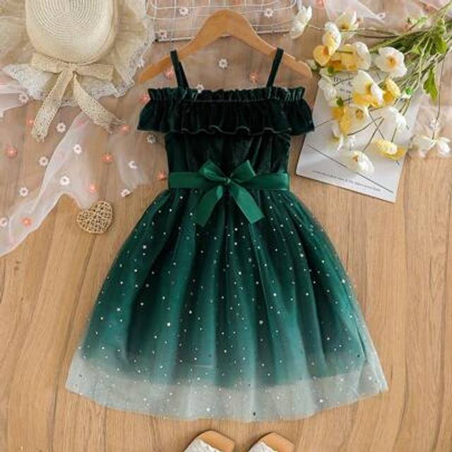SHEIN Young Girls&#39; Off Shoulder Ruffled Hem Floral Splice Gradient Sequins Mesh Dress With Belt, Korean Velvet Fabric, Suitable For Outdoor, Party, Spring/S