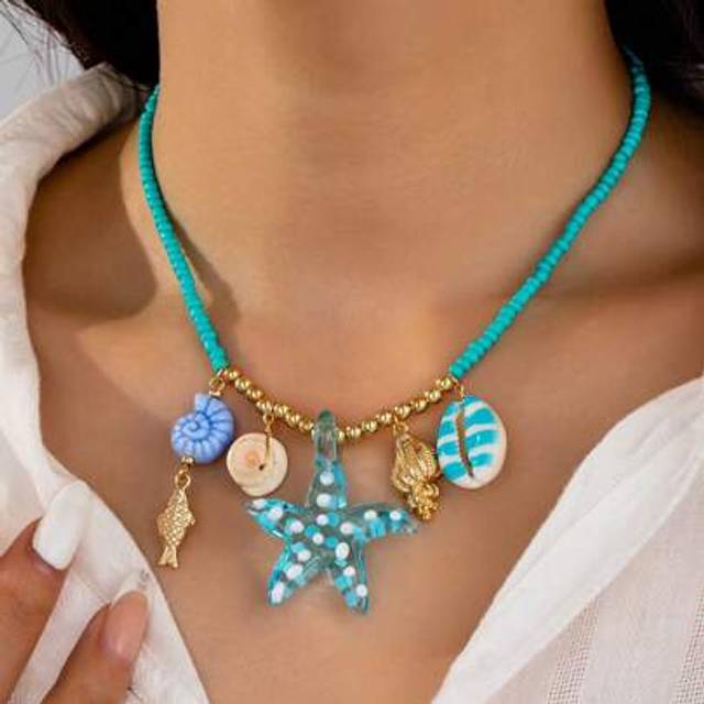 SHEIN 1 Pc Ocean Sea Elements Handmade Glass Starfish Shell Charm Necklace , Blue Turquoise Color Boho Seed Beaded Necklaces Jewelry Suitable For Beach , Vo