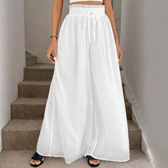 Easowa Women&#39;s Casual Romantic White Chiffon Crinkle Wide Leg Pants, Lightweight & Breathable, Suitable For Daily Wear, Office, Holiday Teacher Outfits For W