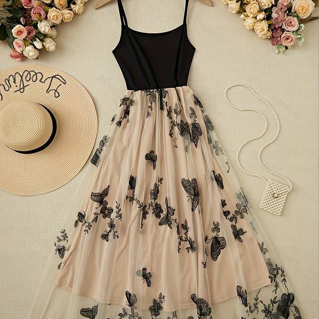 TEMU Women's Elegant A-line Sheer Tulle Dress With Black Embroidery - Thin Strap Flowy Machine-washable Versatile Formal & Casual Dress