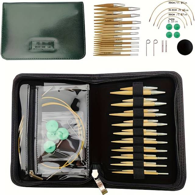 TEMU 10pcs Interchangeable Circular Bamboo Knitting Needles Set With 5+8 Sizes, Pu Leather Case, Crochet Hooks, Markers, And Needle Tips - Dark Green