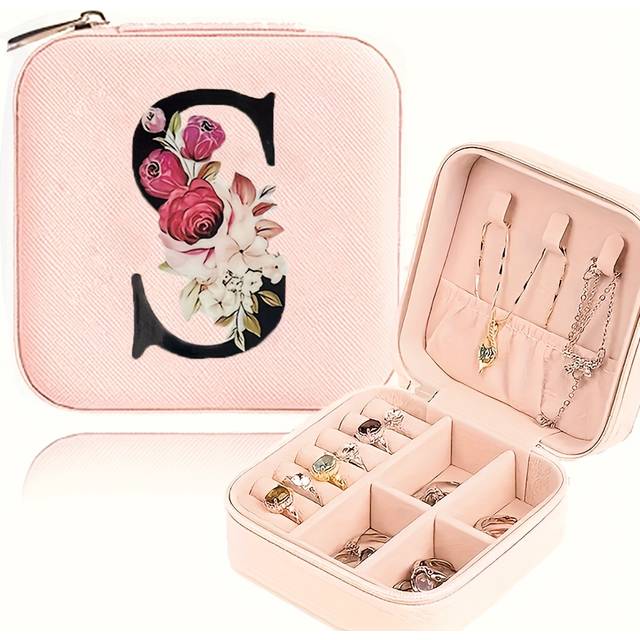 TEMU Personalized Floral Jewelry Box With Initials - Pink Leather Travel Organizer For Women And, Ideal Gift For Weddings, Holidays, And Special Occasions, Portable Jewelry Box, Jewelry Boxes