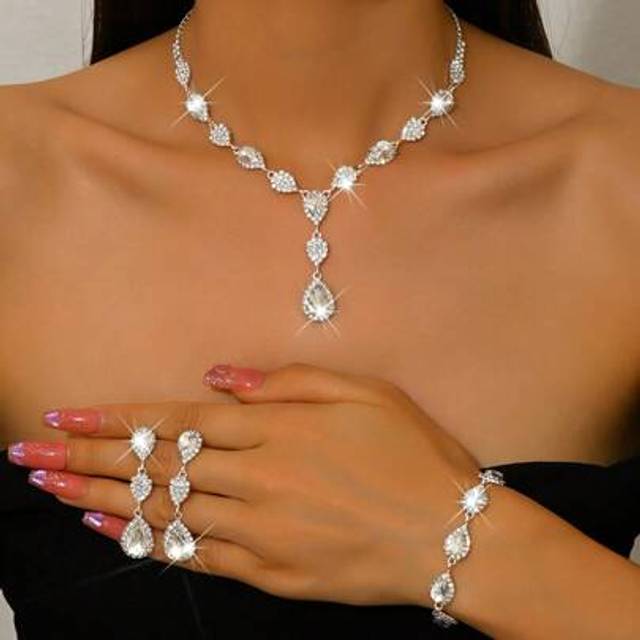 SHEIN Fashionable Wedding Jewelry Set: Teardrop Rhinestone Earrings, Necklace, Bracelet
