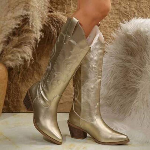 SHEIN 2025 Women&#39;s Retro High Shaft Linen Embroidered Western Cowboy Boots, Hiking Hunting Equestrian Boots, Wooden Mid-High Thick Heel Pointed Toe Design