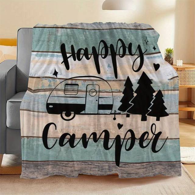 TEMU Cozy "" Flannel Throw Blanket - Ideal For Sofa, Office, Bed, Chair & Travel - Lightweight, Camping Decor With Vintage Van & Pine , Perfect Gift For , Camping