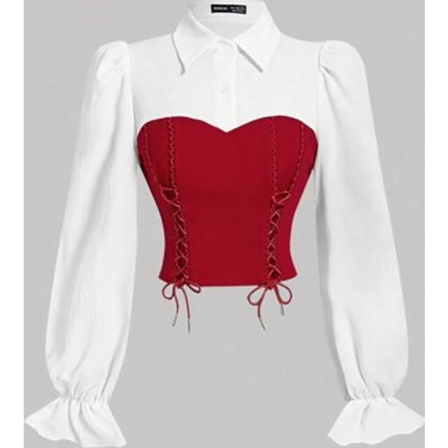 SHEIN Contrast Color Cup Detail Long Sleeve Blouse For Women, With Waist Tied Belt