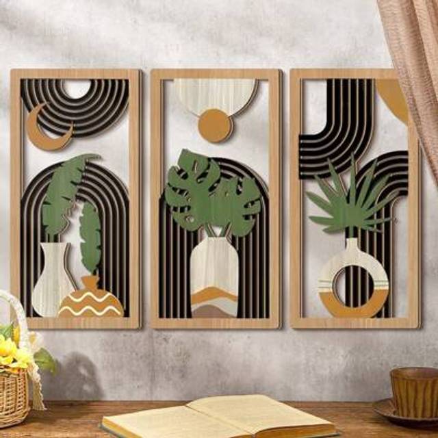 SHEIN 3 Pcs Boho Mini Wall Art Wooden Bohemian Wood Plant Wall Sign Decor Hanging Art Plaque Sign Decor,Farmhouse Geometric Hanging Decor Aesthetic Wood Min