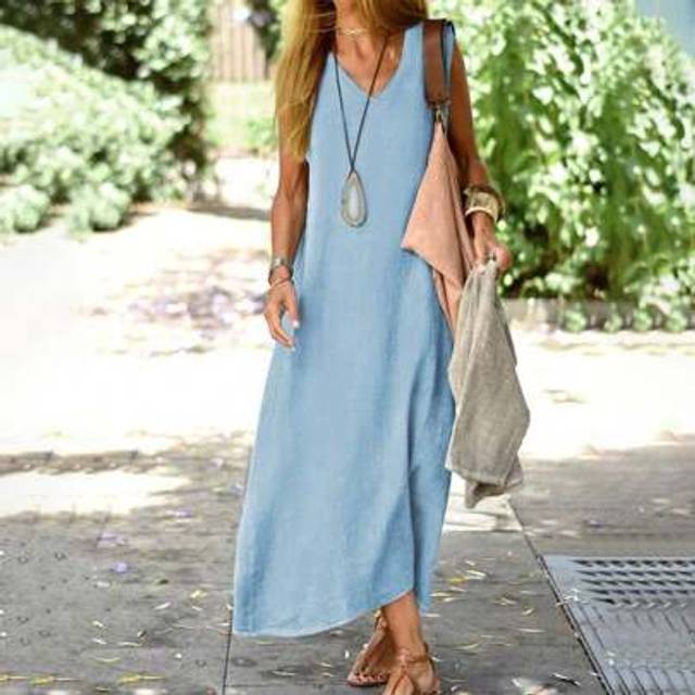 SHEIN Plus Size Women&#39;s Cotton Linen V Neck Sleeveless Casual Loose Tank Maxi Dress Ladies Basic Beach Holiday Elegant Summer Dresses With Pockets