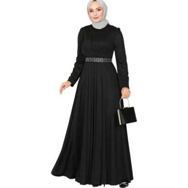 SHEIN Fashion Women&#39;s Round Neck Solid Color Waist Cinched Long Loose Dress, Modest