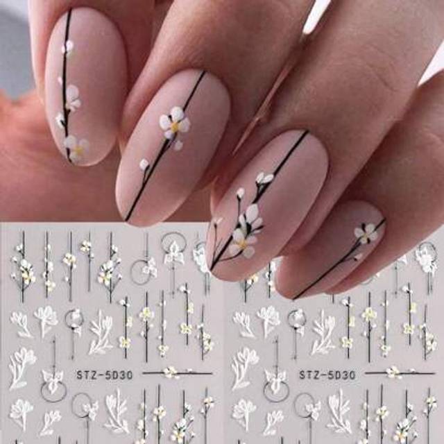 SHEIN Simple Flowers 3D Nail Stickers Small White Hollow Hibiscus Flower Gel Polish Decal Slider DIY Manicure Decoration Accessories