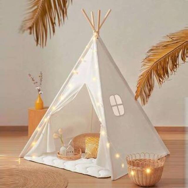 SHEIN 118inch Star String Light Wooden Frame Child Indoor Play Tent, Portable Kids Playhouse Children Canvas Teepee Tent For Infant Room Decor, Polyester Te