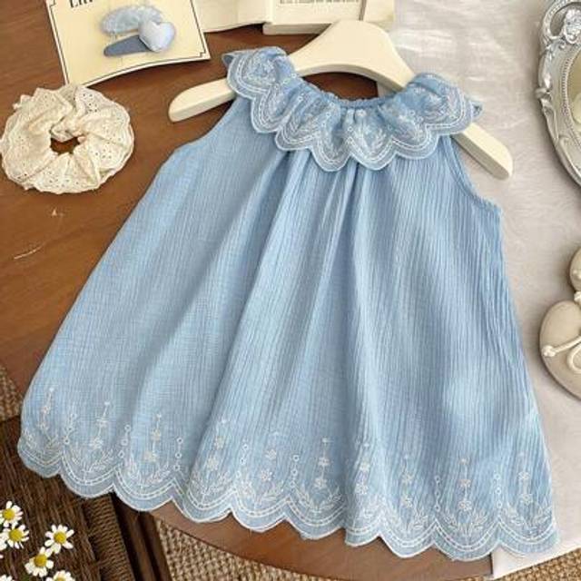 SHEIN Baby Girl Lovely Summer Casual Blue Floral Pattern Ruffle Trim Dress
