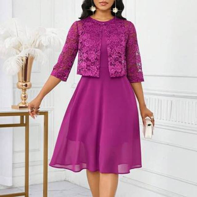 SHEIN Women&#39;s Elegant Solid Color Lace Sleeveless Top And Dress 2 Pieces Set, Summer Birthday&Event Dresses /Office Dresses /Church Dresses/Wedding Dresses