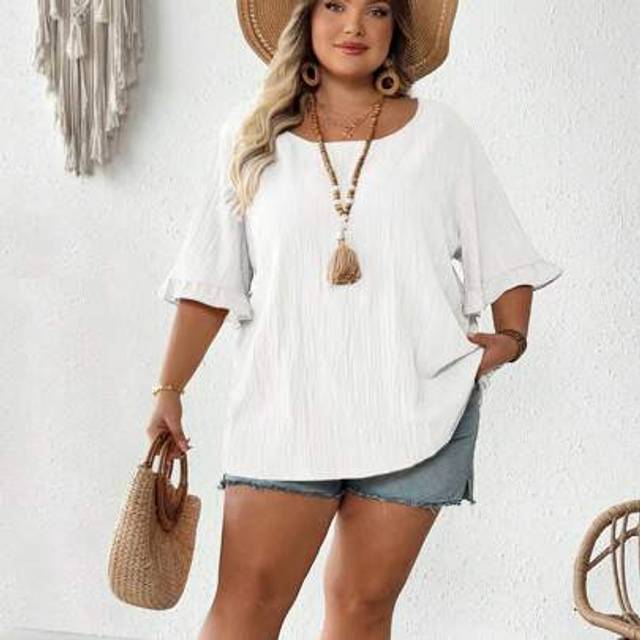SHEIN Plus Size Women&#39;s Khaki Blouse With Ruffle Short Sleeves, Loose Casual Hem, Suitable For Daily & Vacation Wear, Summer,Curve Plus ,Hoho Vacationsummer