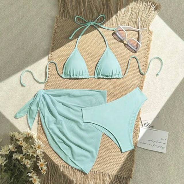 SHEIN 3 PiecesSet: Women&#39;s Solid Color Halter Tied Sexy Bikini Swimsuit + Matching Cover Up Skirt