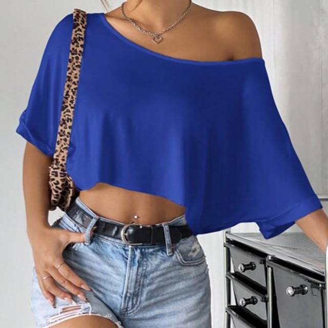 SHEIN Navy Blue Off-Shoulder Loose Knit T-Shirt For Women