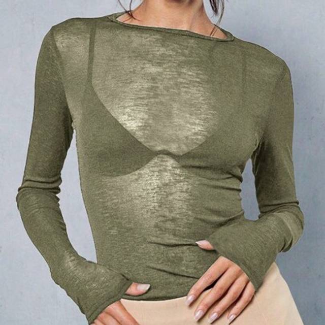 SHEIN Y2K Stretchy See-Through Long Sleeve Round Neck Slim Fit T-Shirt Going Out Tops