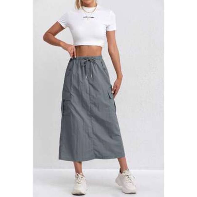 SHEIN American Style Outdoor Women Cargo Skirt Vintage A-Line Skirt Lightweight Breathable Fabric Multi-Pocket High Waist Slim Slit Skirt