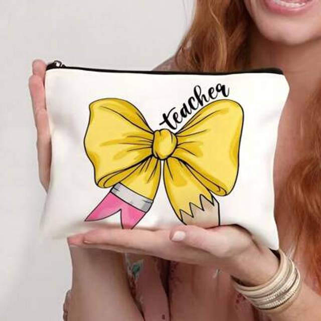 SHEIN It Takes A Big Heart To Shape Little Minds Rainbow Pattern Cosmetic Bag, Teacher Travel Toiletry Organizer, Makeup Bags, Purse Pencil Pen Case, School