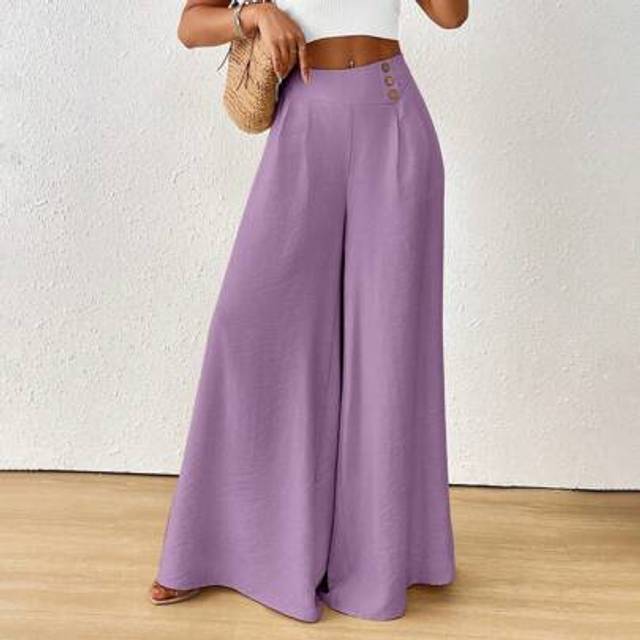 Franclia Women&#39;s Solid Color High Waist Button Design Pleated Wide Leg Loose Pants