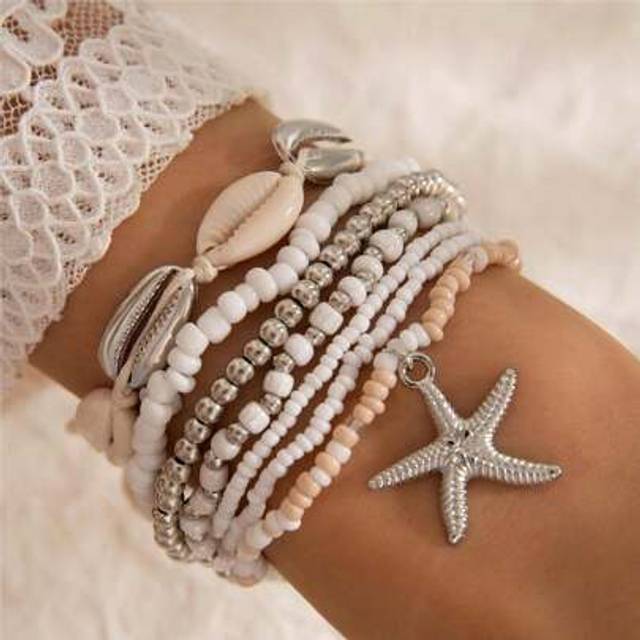 SHEIN 7pcs/Set European & American Style Metal Seashell Starfish Beaded Bracelet For Women, Silver Color, Summer Beach