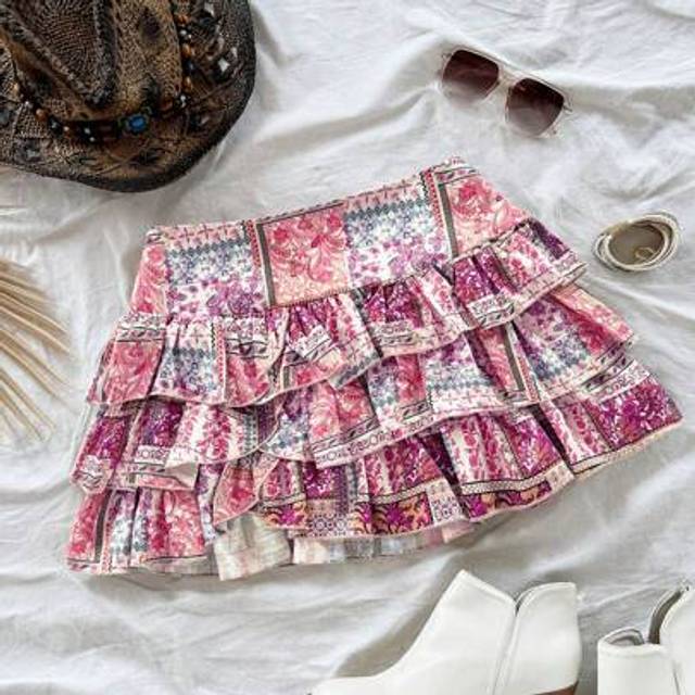 Soleia Women&#39;s Vacation Romantic Country Style Colorful Printed Rhinestone Embellished Mini A-Line Skirt, Spring