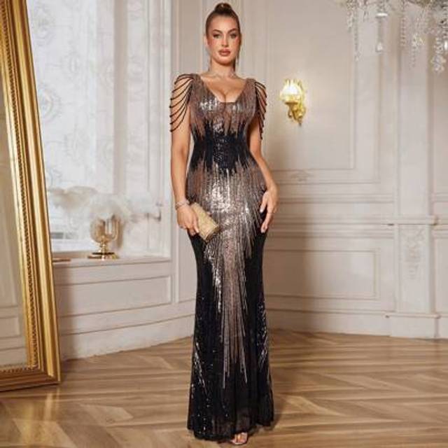 SHEIN Elegant Vintage Party Heavily Beaded & Sequin Formal Evening Gown, Suitable For Prom, Graduation Party, Spring/Summer