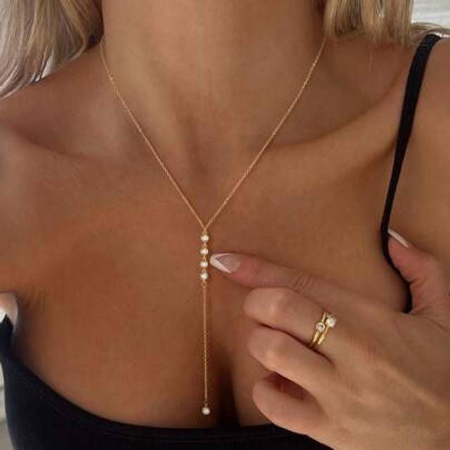 SHEIN 1pc Fashion Sexy Diamond-Set Gold Y-Shaped Necklace For Women Glamour Shiny Gold Long Necklace For Girls Gorgeous Party Jewelry For Women Summer Beach