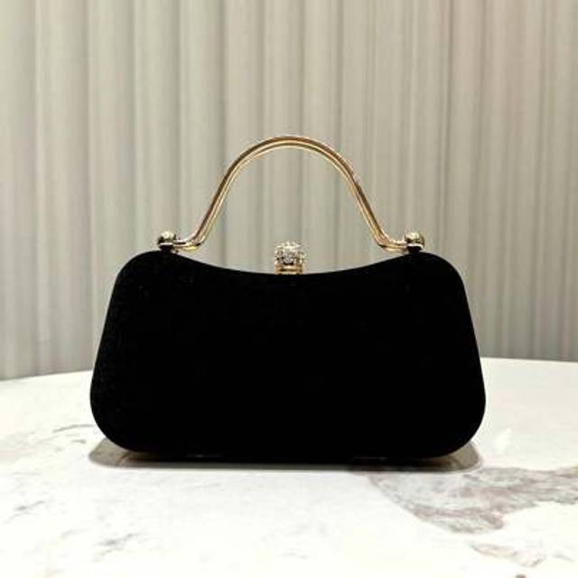 SHEIN 1pc Black Velvet Elegant Crystal Decor Handbag, Fashion Party Clutch Purse With Metallic Shoulder Strap, Suitable For Evening Gala, Wedding, Dance Par