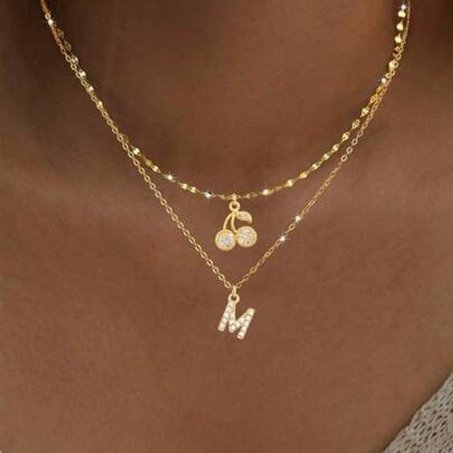 SHEIN 2Pcs/Set Simple Fashion Pave Zirconia Initial Cherry Pendant Gold Color Stainless Steel Lip Chain Necklaces For Women
