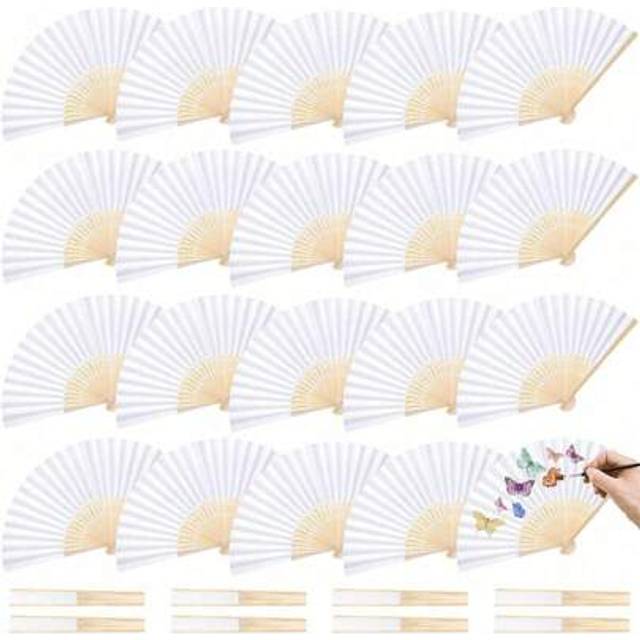 SHEIN 5/10/50pcs White Paper Hand Fan White Bamboo Folding Fan Handheld Fans Paper Folded Fan For Engagement Graduation Wedding Party Decoration Bedroom Hom