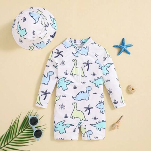 SHEIN Baby Boy Cartoon Dinosaur Long Sleeve One-Piece Swimsuit With Swimming Cap Set