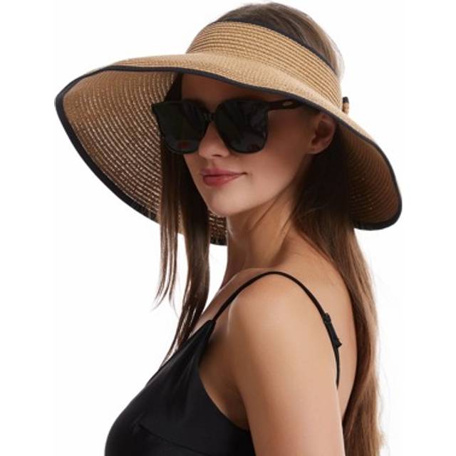 SHEIN Sun Visor Hats For Women Wide Brim Straw Roll-Up Ponytail Summer Beach Hat UV UPF Packable Foldable Travel Boho Bow