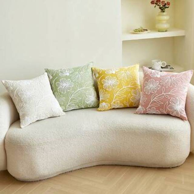 SHEIN 1pc Green Flower & Leaf Embroidered Decorative Pillow Cover, Suitable For Indoor Decor, 4-Season, Without Insert