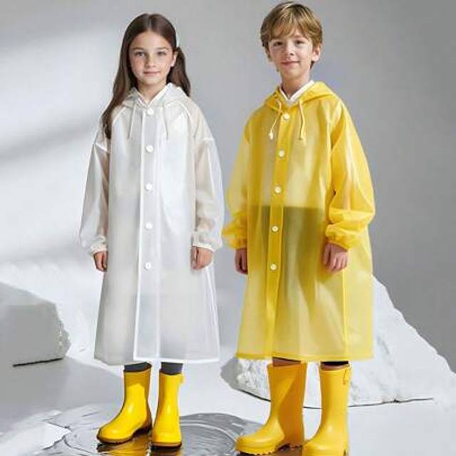 SHEIN 1pc Kids&#39; Hooded EVA Raincoat, Portable, Casual, Long Sleeve, Solid Color, Slight Stretch, Super Loose Fit, For Boys And Girls, 8-10 Years Old, For Hi