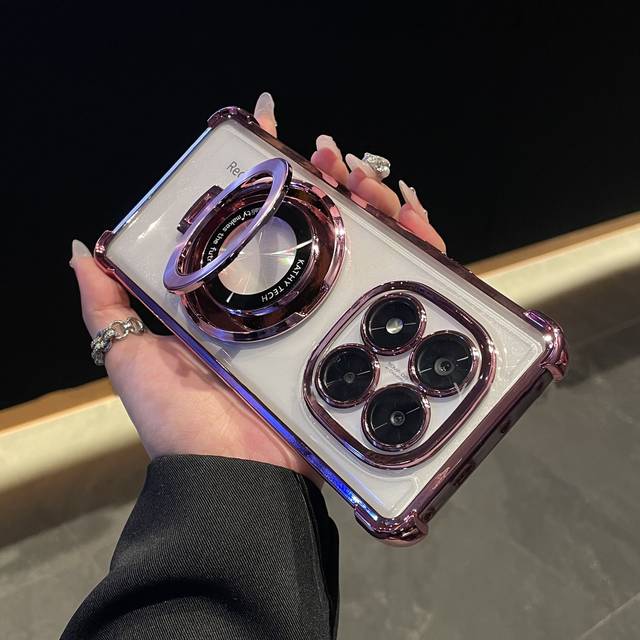 TEMU Suitable For Xiaomi Red Redmi Note 14 4g 5g/note 14 Pro 5g/note 14 Pro+phone Case Ring Seat Luxury Electroplating Safety Shockproof Phone Case