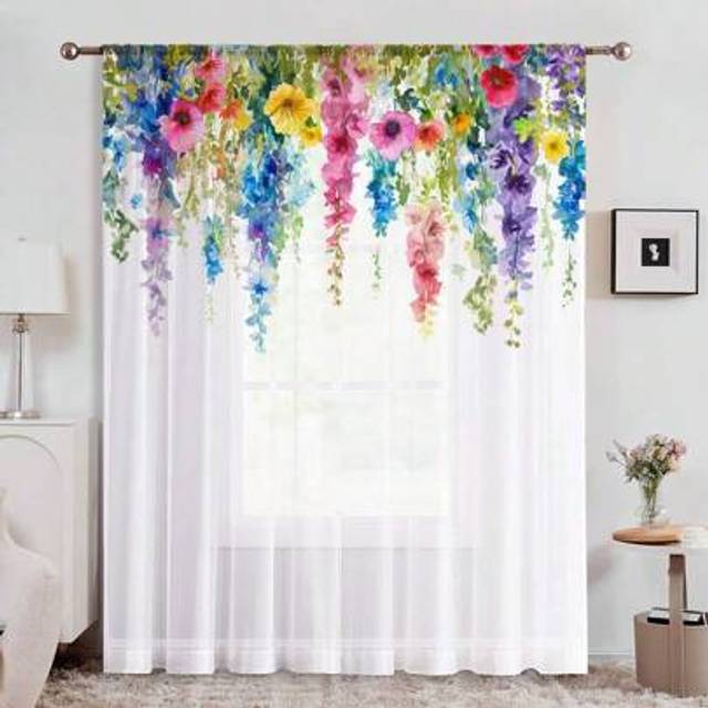 SHEIN A Beautiful Watercolor Style Semi-Transparent Printed Window Screen With Floral Design, Giving A Fresh And Elegant Touch To Daily Home Decoration Of W