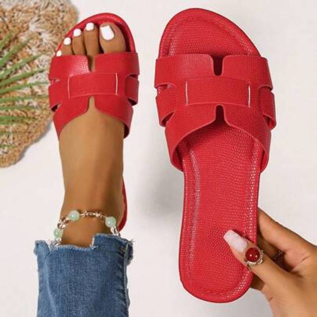 SHEIN Women&#39;s Summer New Round Toe Flat Anti-Slip Durable H-Type Woven Stripe Hollow-Out Open Toe Red Flat Slippers, Flat Sandals, Suitable For Dresses, Leg