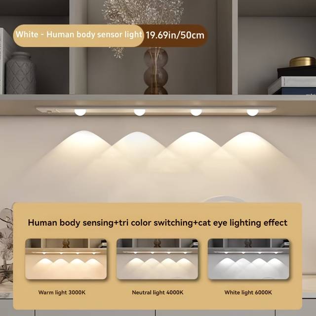 TEMU Motion-activated Led Cabinet Light | Ultra-thin, Wireless Usb Rechargeable | 3-color Adjustable Lighting | Magnetic Installation | Ideal For Kitchens, Bedrooms & Display Cabinets | Sleek