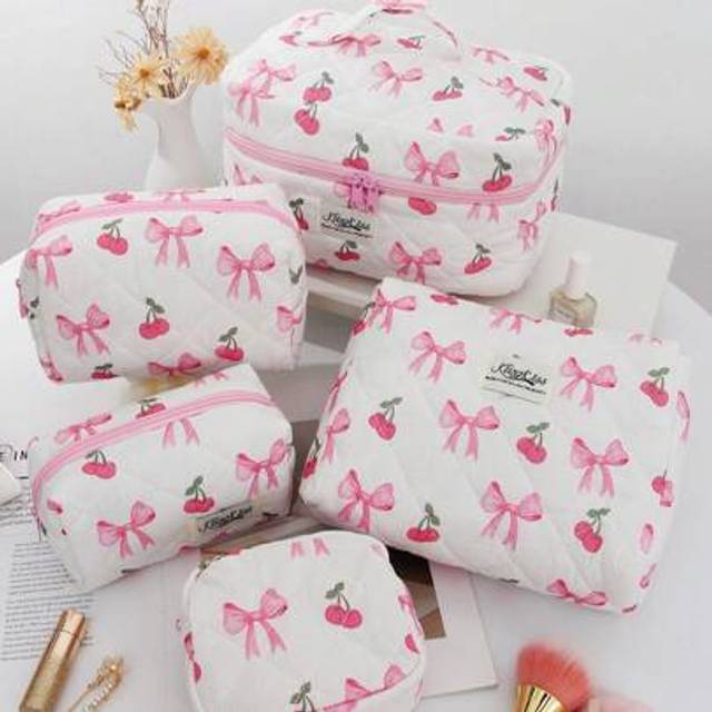 SHEIN 1Pc/Set Cherry&Bowknot Print Quilted Makeup Bag Large Capacity Cosmetic Bag For Women Makeup Bags Travel Makeup Bag Girls Make Up Storage Bag Makeup C