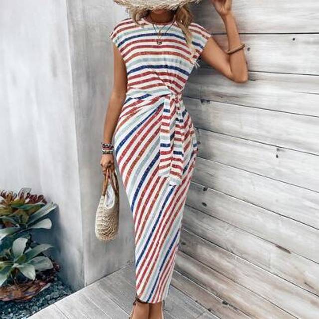 Calvaya Striped Print Knot Accent Crew Neck Short Sleeve Summer Dress Maxi Women Outfit