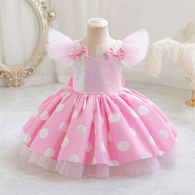 SHEIN Baby Girl Sequin Bow Tulle Cap Sleeve Polka Dot Easter Party Princess Dress, Elegant Flower Girl Pageant Birthday Wedding Bridesmaid Prom Gown