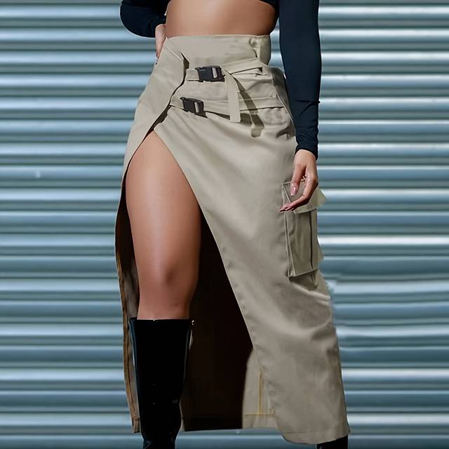 TEMU Women's Casual High-waisted, Asymmetrical Long Skirt With Belt - Beige, , Solid Color, Spring/summer/fall, Casual Attire|asymmetrical |belted Waistline