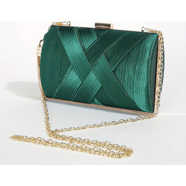 TEMU Elegant Dark Green Evening Clutch With Woven Metal Tassel, Polyester Lined, Closure, Crossbody Chain Strap, Occasion-themed, With Care