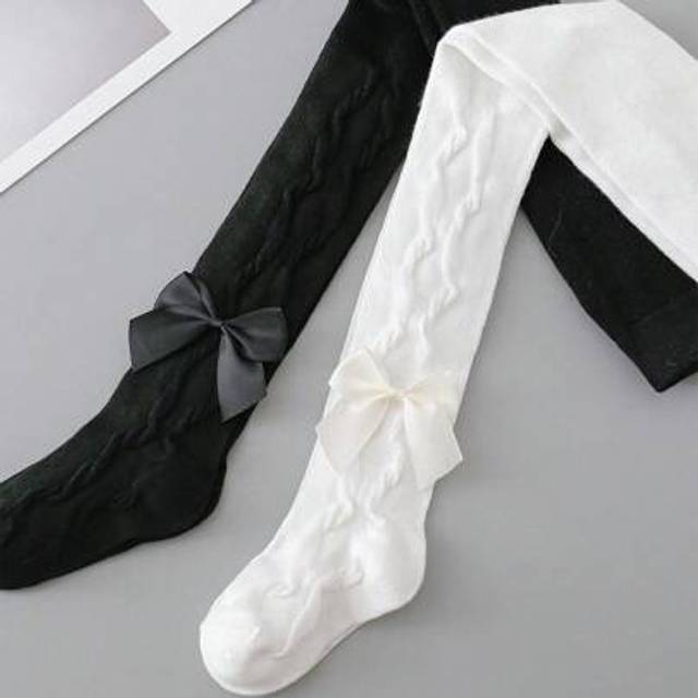 SHEIN 2pcs Baby Girls&#39; Simple Black & White Bow Decor Tights, Suitable For Spring & Autumn School Uniform Matching