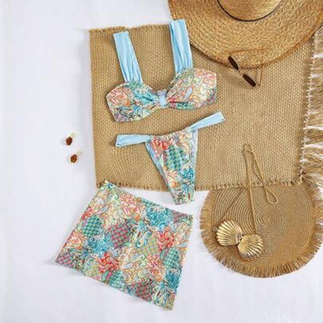 SHEIN New Soft Fabric Printed Thick Strap Backless Beach Party Bikini Set With Wrap Skirt, Fashionable & Elegant Ladies Swimsuit For Summer Beach