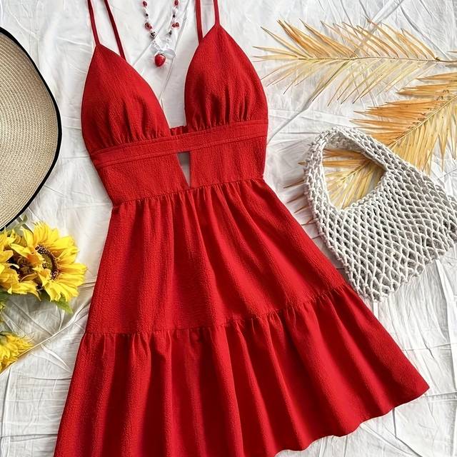 TEMU Elegant Red V-neck Backless Midi Dress For Women - Sleeveless Hem, Cinched Waist, Stretchy Polyester Blend, Summer & Spring, Formal Event Attire | Hem Dress | Glossy Texture