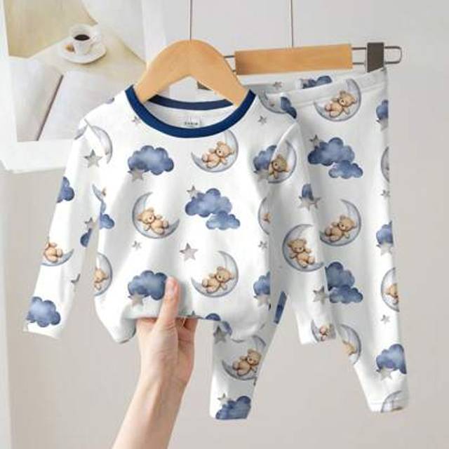 SHEIN Baby Boy Cozy Moon, Star, Bear & Cloud Print Casual Minimalist Comfortable Snug Fit Round Neck Long Sleeve Pants Homewear, Suitable For Autumn/Winter