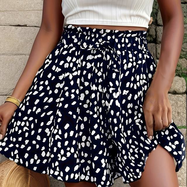 TEMU Plus Size Women's Elegant Polka Dot Wide-leg Shorts - Navy Blue With White Polka Dots, Tie-waist, Lightweight Summer Casual & Dressy Shorts For Beach, Office, Shopping, Office Wear,